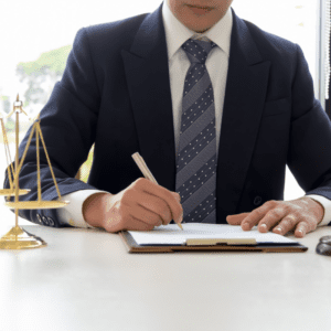 a man in a suit holding a pen