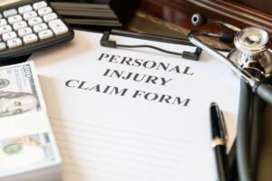 Close-up of a personal injury claim form with a stethoscope, calculator, and cash, representing medical expenses and financial damages in an injury case.
