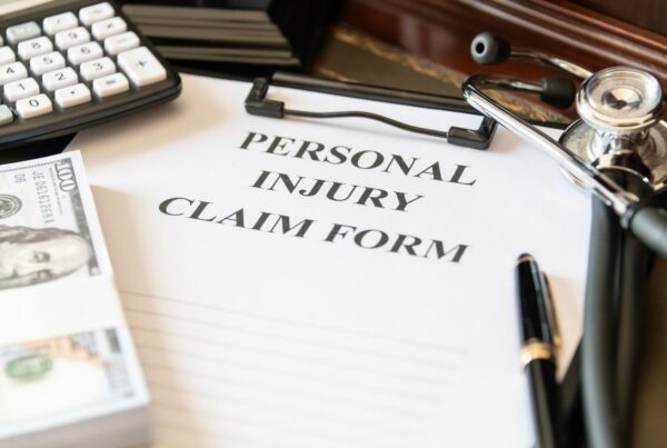 Close-up of a personal injury claim form with a stethoscope, calculator, and cash, representing medical expenses and financial damages in an injury case.